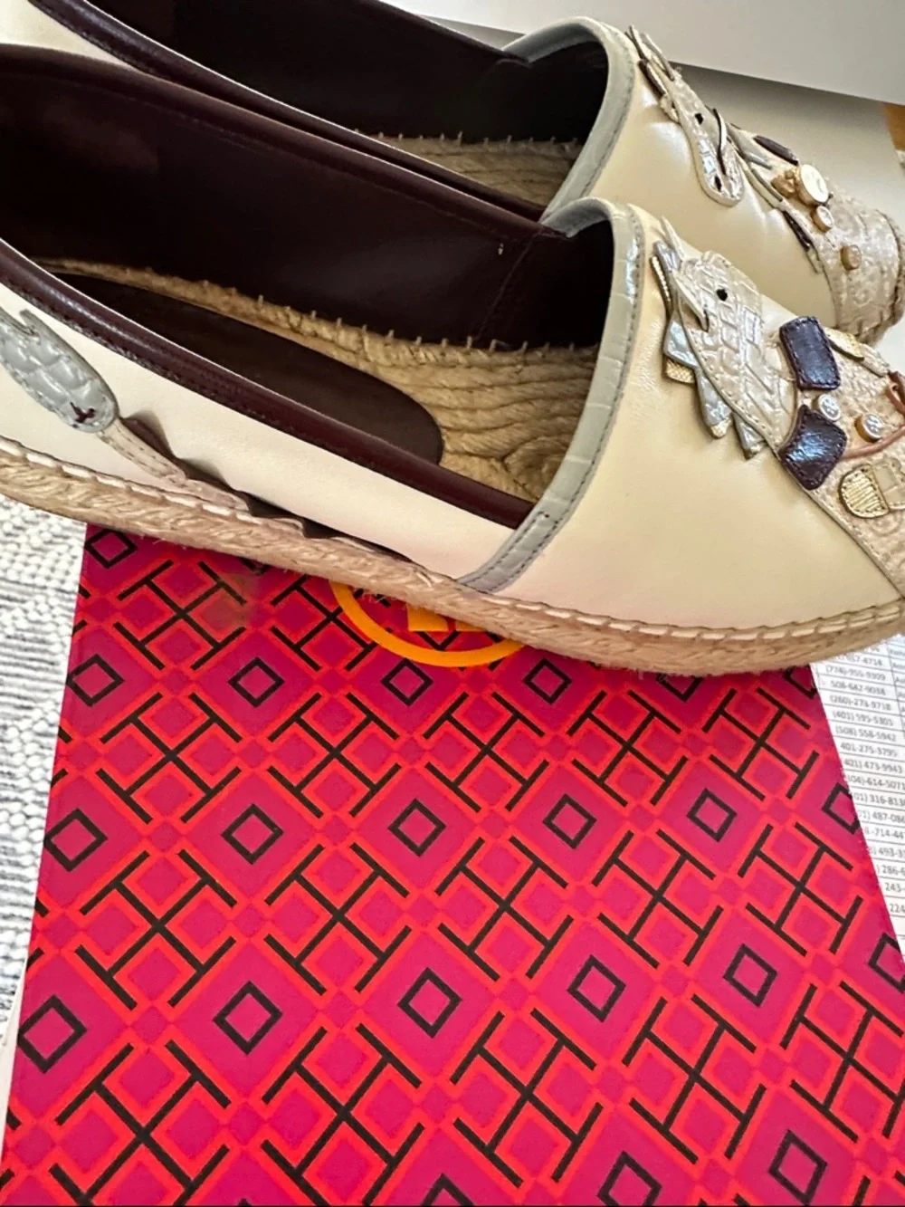 Tory Burch Cream Leather Espadrille Flats with Animal Appliqué